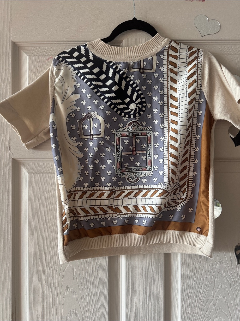 HERMES with no tags 
Cream & Gray Printed Scarf-Style Blouse